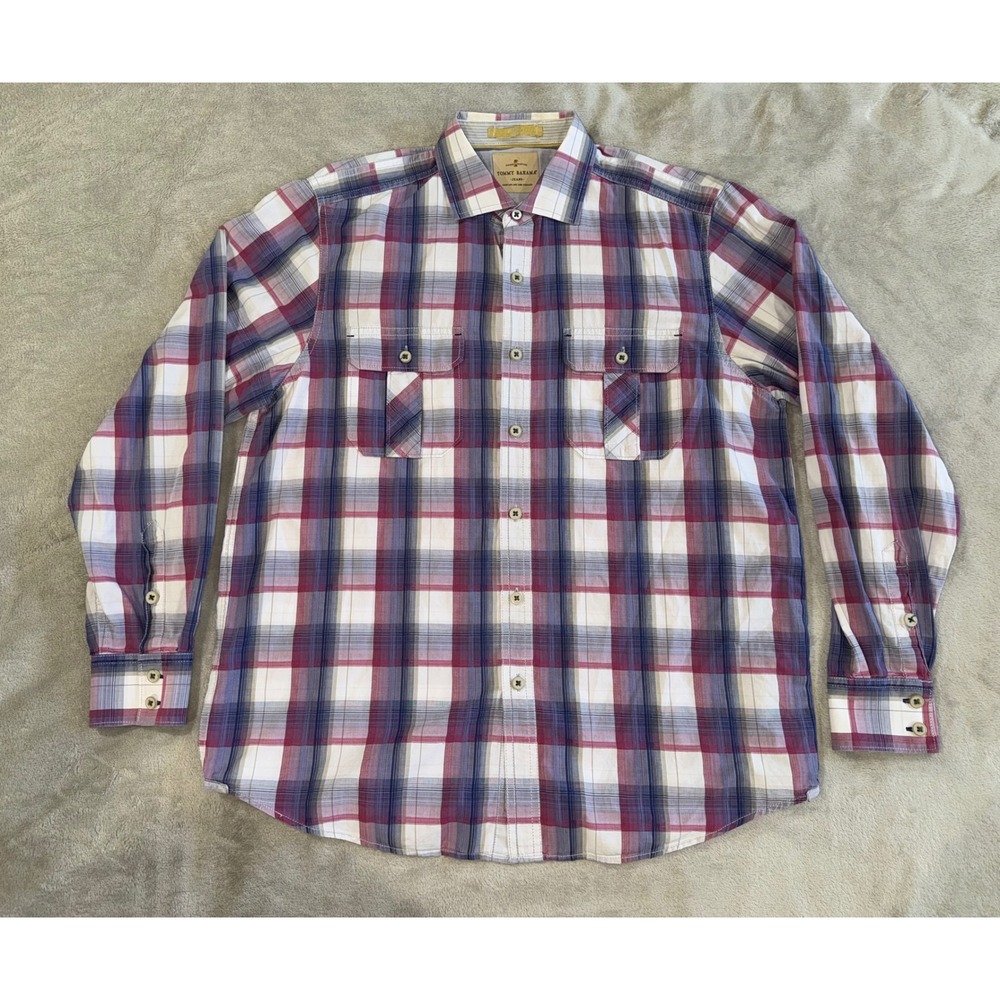Tommy Bahama Jeans Mens Medium Red Blue Plaid Cotton Long Sleeve Button Down